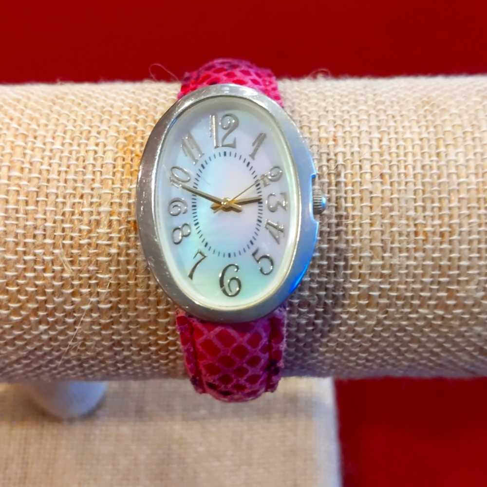3 for $30 Fashion Wrist Watch Oval Face Pearl Dial Pink Embossed Leather Strap